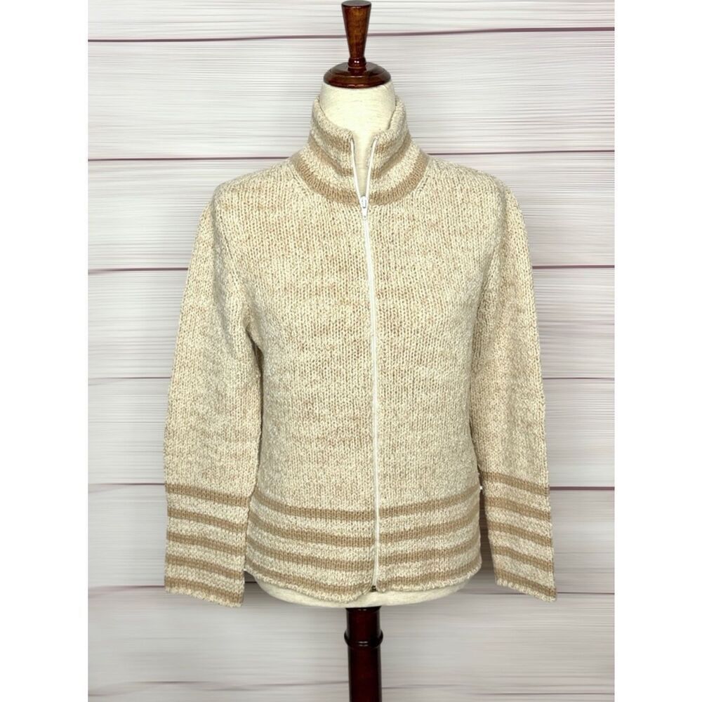 Hubert Gasser Italy Zip Front Cardigan Cashmere Wool Blend Cream Mock Neck M
